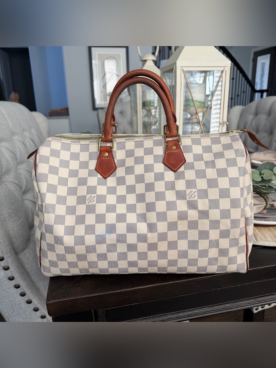 Louis Vuitton Handbags - Classic Checkered Travel Bag Speedy 35 in Cream & Gray with Brown Trim